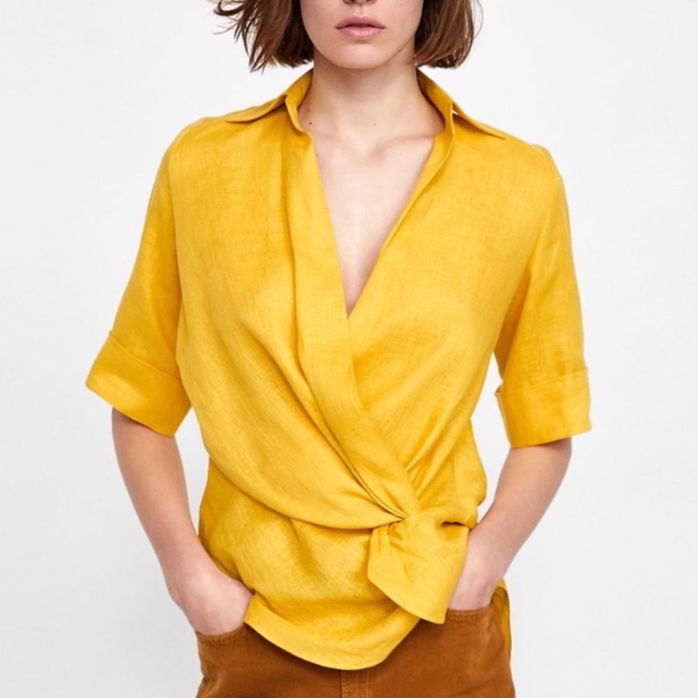 Zara Linen Draped Knotted Front Blouse